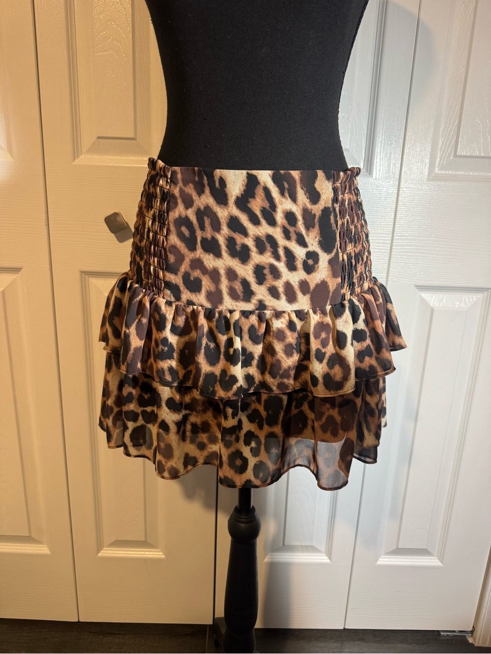 Express Leopard Print Tiered Ruffle Mini Skirt - Brown/Black